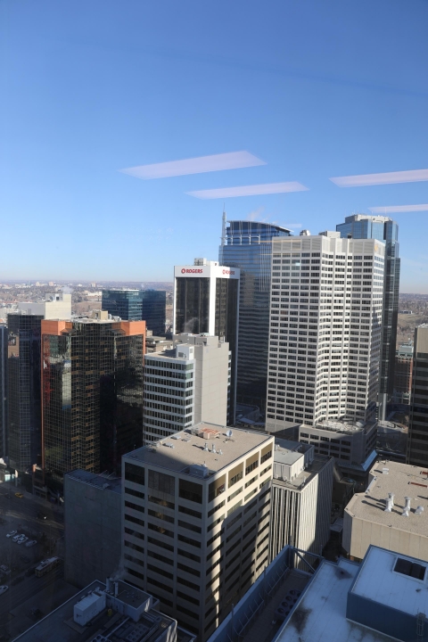 Aerial view of downtown Calgary office buildings.