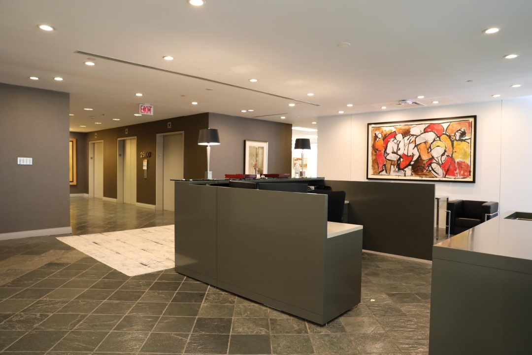 Furnished upscale office reception area.