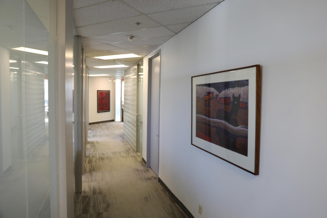 Office hallway with contemporary artwork.